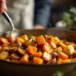 Teglia con patate e zucca mescolate durante la cottura
