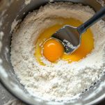Ciotola con uovo, farina e altri ingredienti mescolati