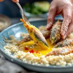 Acciughe ripiene impanate con uovo e pangrattato.