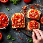 Pomodori strofinati sul pane per rilasciare il succo.