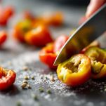 Peperoncini verdi tagliati e privati dei semi.