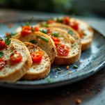 Pane condito con peperoncini e pomodorini a spicchi.