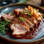 Anatra impiattata con salsa e pancetta.