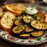Antipasto di melanzane con pane abbrustolito.