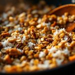 Cereali, semi e frutta secca tostati in padella.