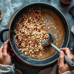 Sciroppo versato sui cereali in ciotola.