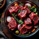 Ciotola con carne, vino rosso, cipolla e aromi