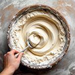 Farina versata gradualmente nella ciotola con il composto liquido mentre si mescola.