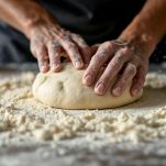 Impasto morbido posto su spianatoia infarinata pronto per essere lavorato a mano.