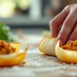 Distribuite una piccola quantità di ripieno su ogni tunica di cipolla e arrotolatela su se stessa.