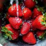 Fragole rosse sotto acqua corrente con picciolo rimosso