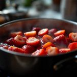 Fragole tagliate che rilasciano il loro succo durante la cottura