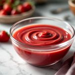 Salsa liscia e lucida di fragole dal colore rosso intenso