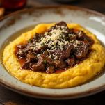 Piatto rustico con fegato e cipolle sopra polenta calda