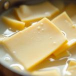 Fette di fontina immerse nel latte in una pentola