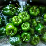 Peperoni verdi asciugati su un piano da cucina