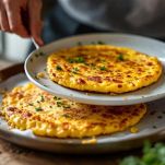 Frittata capovolta con un piatto durante la cottura in padella