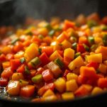 Peperoni a cubetti che cuociono insieme alla cipolla