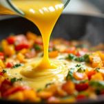 Composto di uova versato sui peperoni in padella