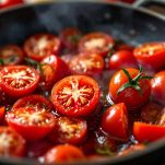 Pomodorini ciliegini tagliati che cuociono in padella fino a diventare morbidi.
