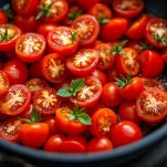 Foglie di basilico aggiunte ai pomodorini in padella per aromatizzare il condimento.