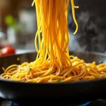 Spaghetti scolati trasferiti nella padella con il sugo di pomodorini caldo.