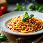 Piatto di pasta servito con sugo cremoso e decorato con foglie di basilico fresco.