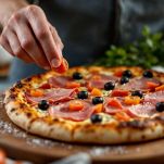 Aggiungete prosciutto cotto e olive e rimettete in forno