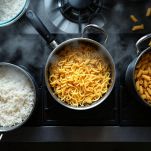 Pentole con riso e pasta cotti