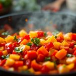 Peperoni a pezzi che cuociono insieme al soffritto