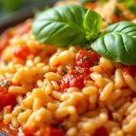 Risotto alla pizzaiola servito con basilico fresco