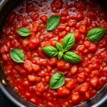 Passata di pomodoro con foglie di basilico in cottura