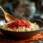 Riso condito con salsa di pomodoro in padella