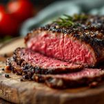 Fette di roast beef servite su piatto con contorno