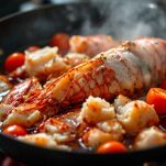 Polpa di astice con pomodorini e fumetto in padella