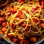 Spaghetti scolati che vengono mescolati al condimento