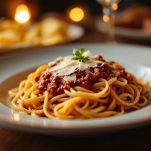 Piatto di tagliatelle con ragù e Parmigiano