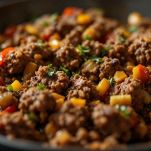 Casseruola con carne macinata che si rosola con le verdure