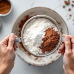 Farina, cacao e lievito setacciati nella ciotola