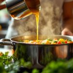 Verdure immerse nel brodo in ebollizione