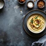 Vellutata servita con olio e barba di finocchio