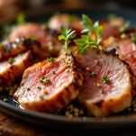 Fette di filetto di maiale nappate con salsa e cipollotti