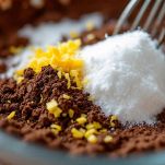 Ciotola con farina di castagne, cacao e latte mescolati