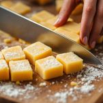 Mani che tagliano il dolce di castagne cotto a cubetti