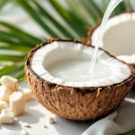 Noce di cocco aperta con polpa e siero