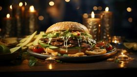 Invitante hamburger illuminato da candele