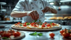 Pizzaiolo prepara una gustosa pizza coi pomodorini