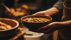 Zuppa servita nella tradizionale ciotola di ceramica