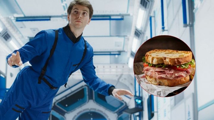 Astronauta nella navicella con fumetto del panino