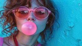 Ragazza fa un palloncino con chewing gum rosa